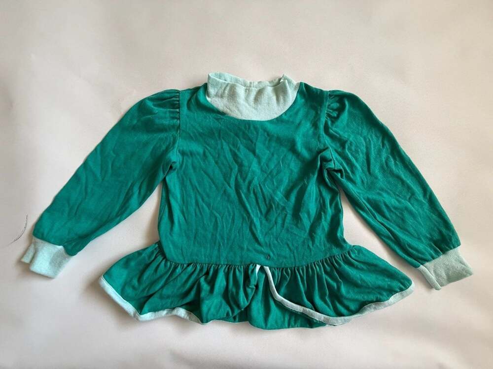 Vintage 80s Girls Peplum Top Green Ruffle Long Sleeve Size 5-6 M